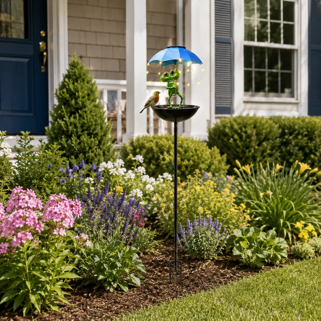 Solar Frog Umbrella Bird Feeder Garden Stake Light