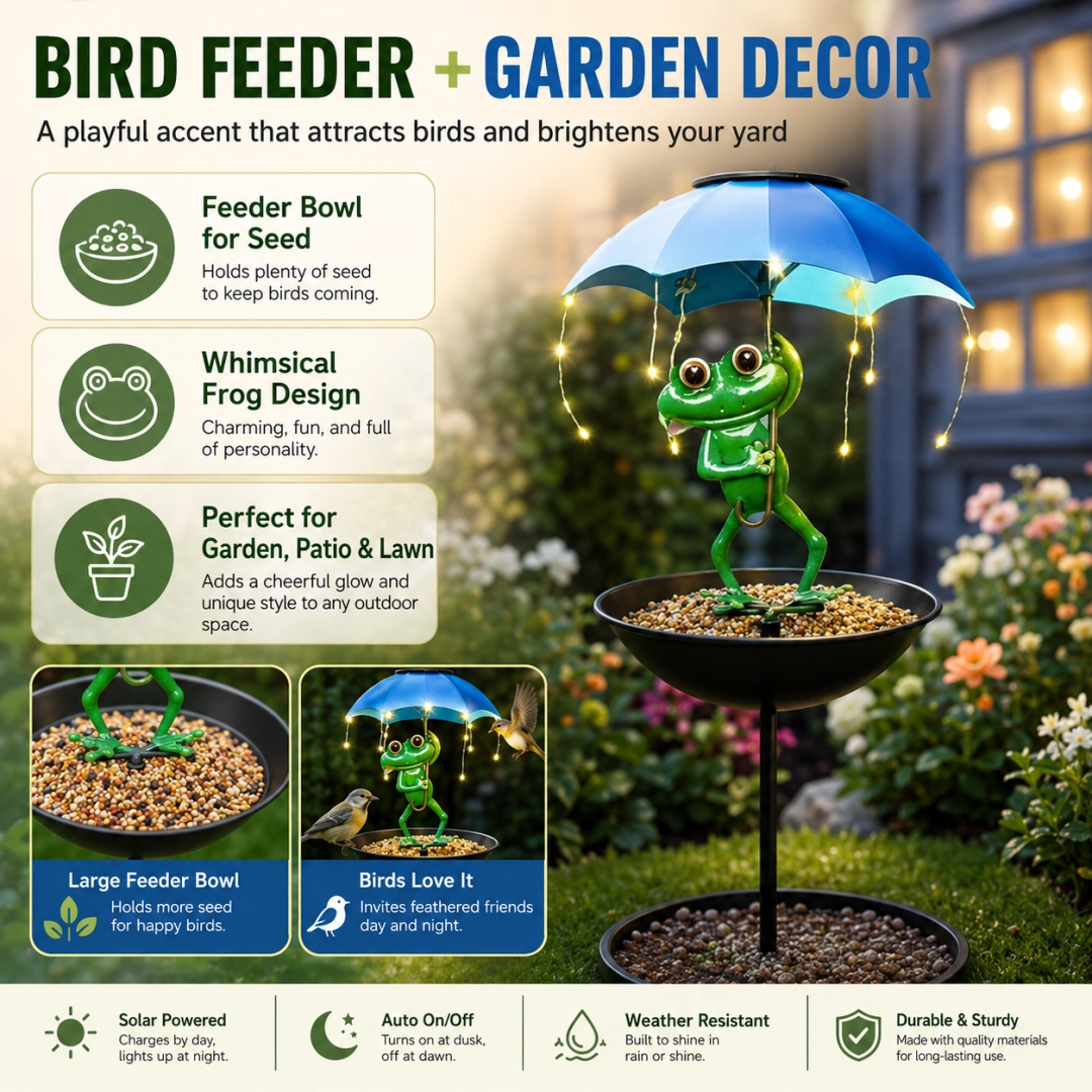 Solar Frog Umbrella Bird Feeder Garden Stake Light