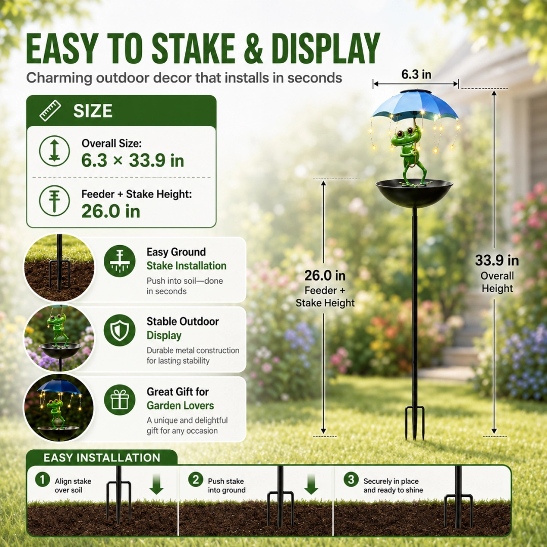 Solar Frog Umbrella Bird Feeder Garden Stake Light