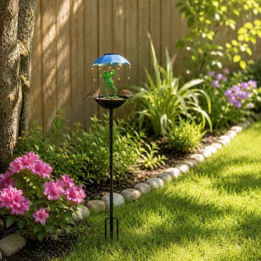 Solar Frog Umbrella Bird Feeder Garden Stake Light