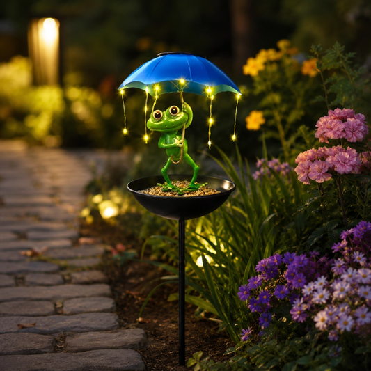 Solar Frog Umbrella Bird Feeder Garden Stake Light
